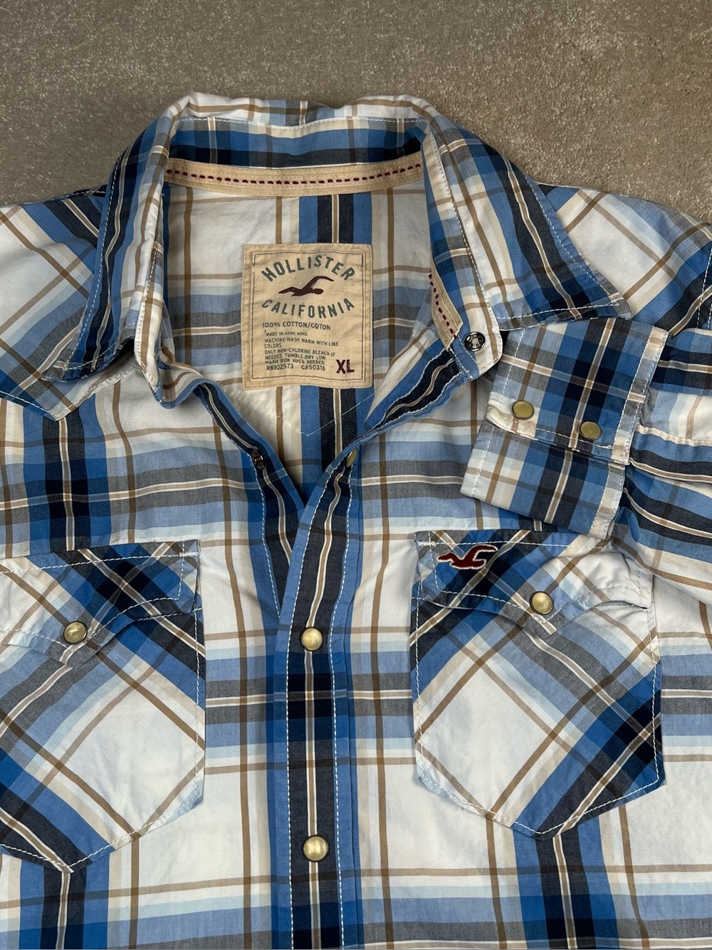 Vintage Hollister Pearl Snap Shirt Plaid Blue White 100% Cotton Men's XL